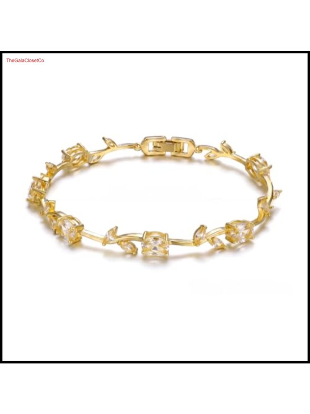 Gold Plated Leaf Tennis Bracelet with Crystal Rhinestones